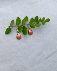 Copper teardrop earrings on a green branch (4_2a3f188a)