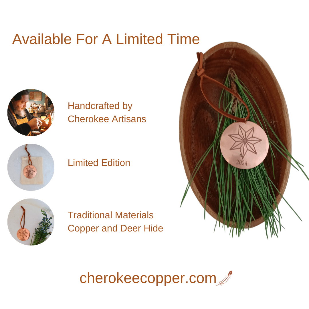 Copper ornament in wooden bowl, handcrafted by Cherokee Artisans.