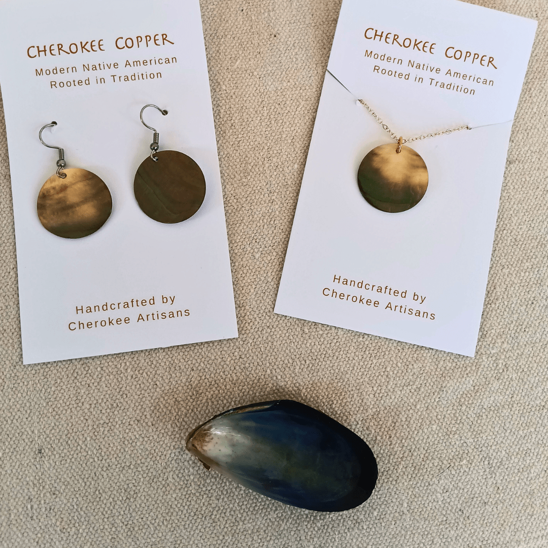 Cherokee Copper earrings and necklace, handcrafted by Cherokee Artisans.