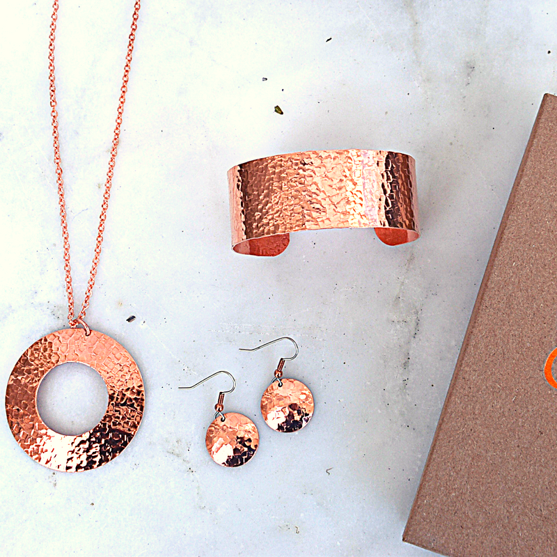 hammered copper necklace cuff and earring set 